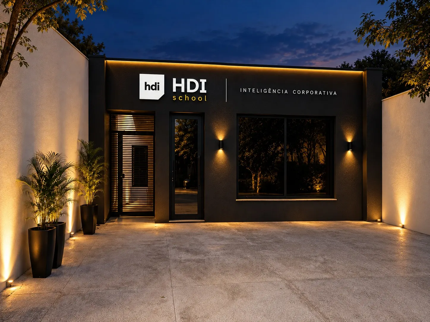 Fachada da HDI School em Itu, à noite, com a marca iluminada