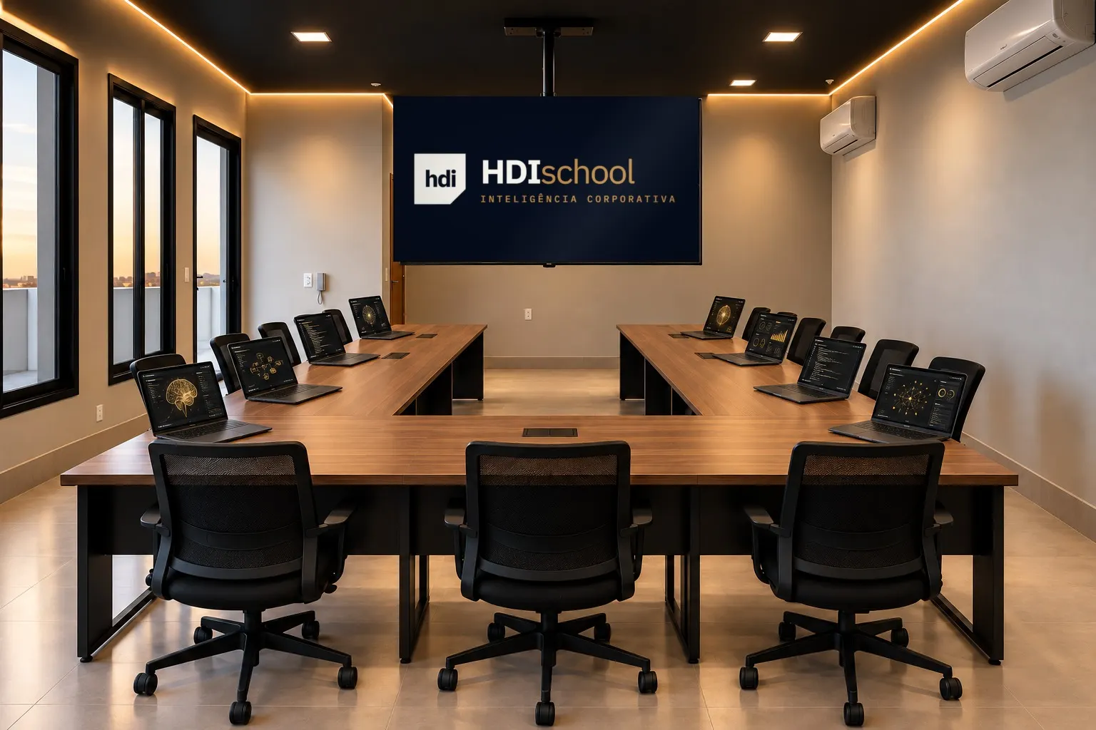 Sala de aula da HDI School, em Itu, com mesas em U, notebooks e a tela grande com a marca